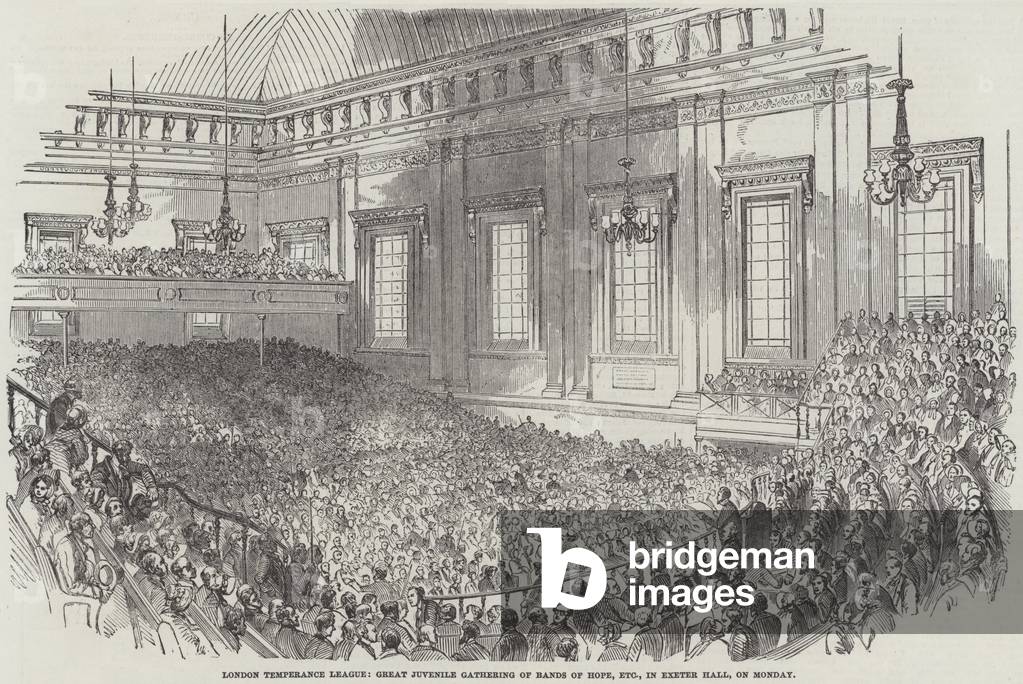 London Temperance League, Great Juvenile Gathering of Bands of Hope, etc, in Exeter Hall, on Monday (engraving)
