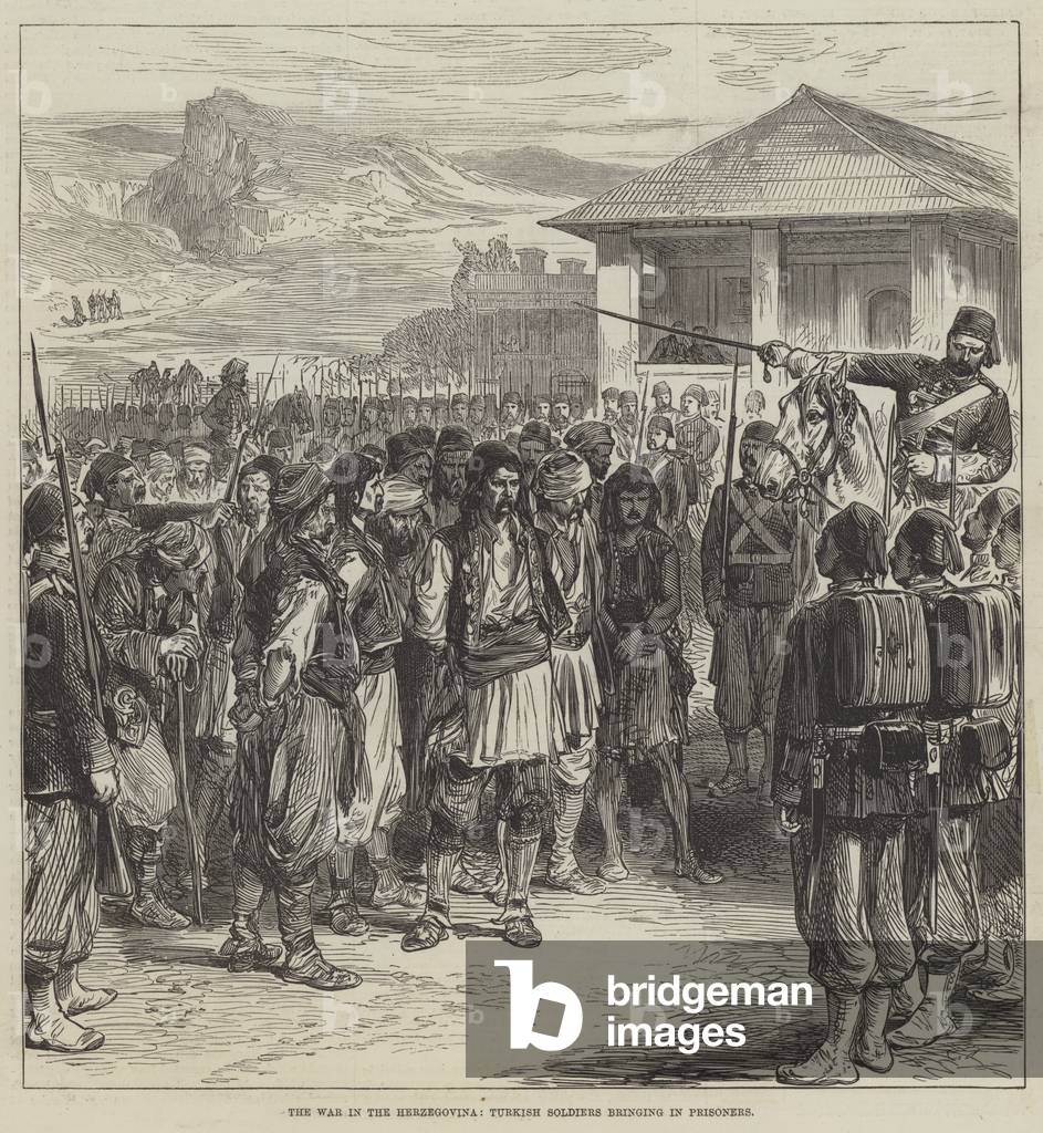 The War in the Herzegovina, Turkish Soldiers bringing in Prisoners (engraving)