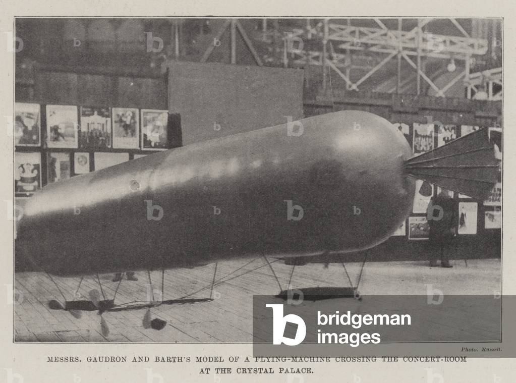 Messers Gaudron and Barth's Model of a Flying-Machine crossing the Concert-Room at the Crystal Palace (b/w photo)