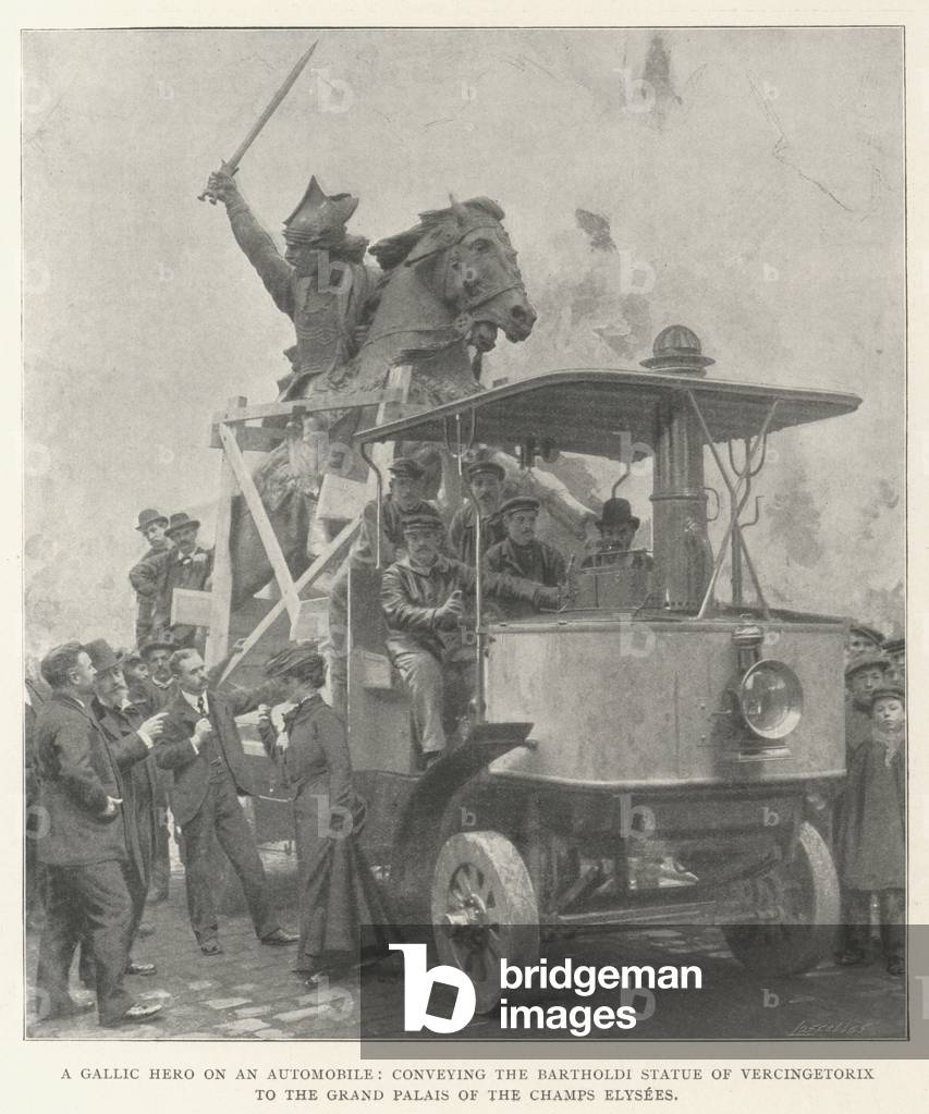 A Gallic Hero on an Automobile, conveying the Bartholdi Statue of Vercingetorix to the Grand Palais of the Champs Elysees (b/w photo)