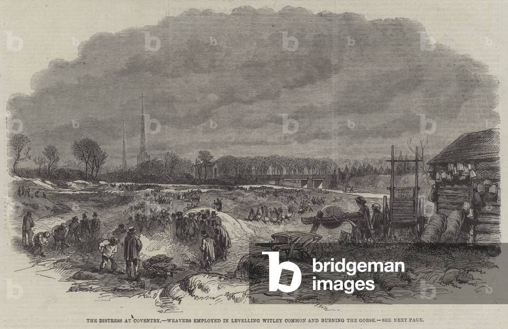 The Distress at Coventry, Weavers employed in levelling Witley Common and burning the Gorse (engraving)