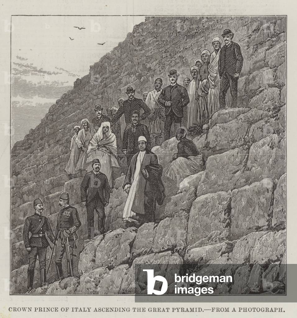 Crown Prince of Italy ascending the Great Pyramid (engraving)