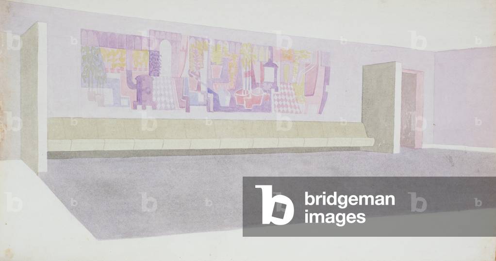 Interior with Wood Burner, Mural Design for a School in Birmingham, c.1950 (gouache on paper)