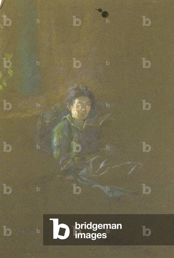 Seated Woman, Reading a Book (coloured chalk on green paper)