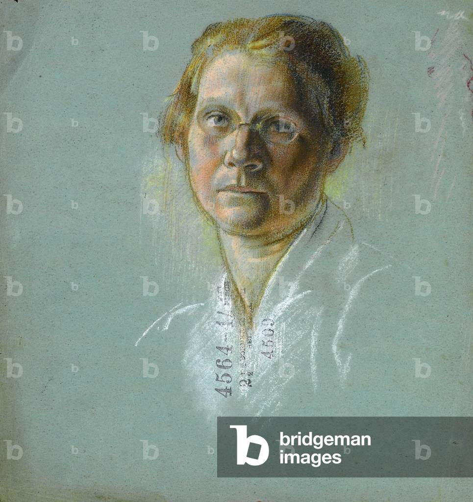 Portrait of a woman with glasses (coloured chalk on green paper)