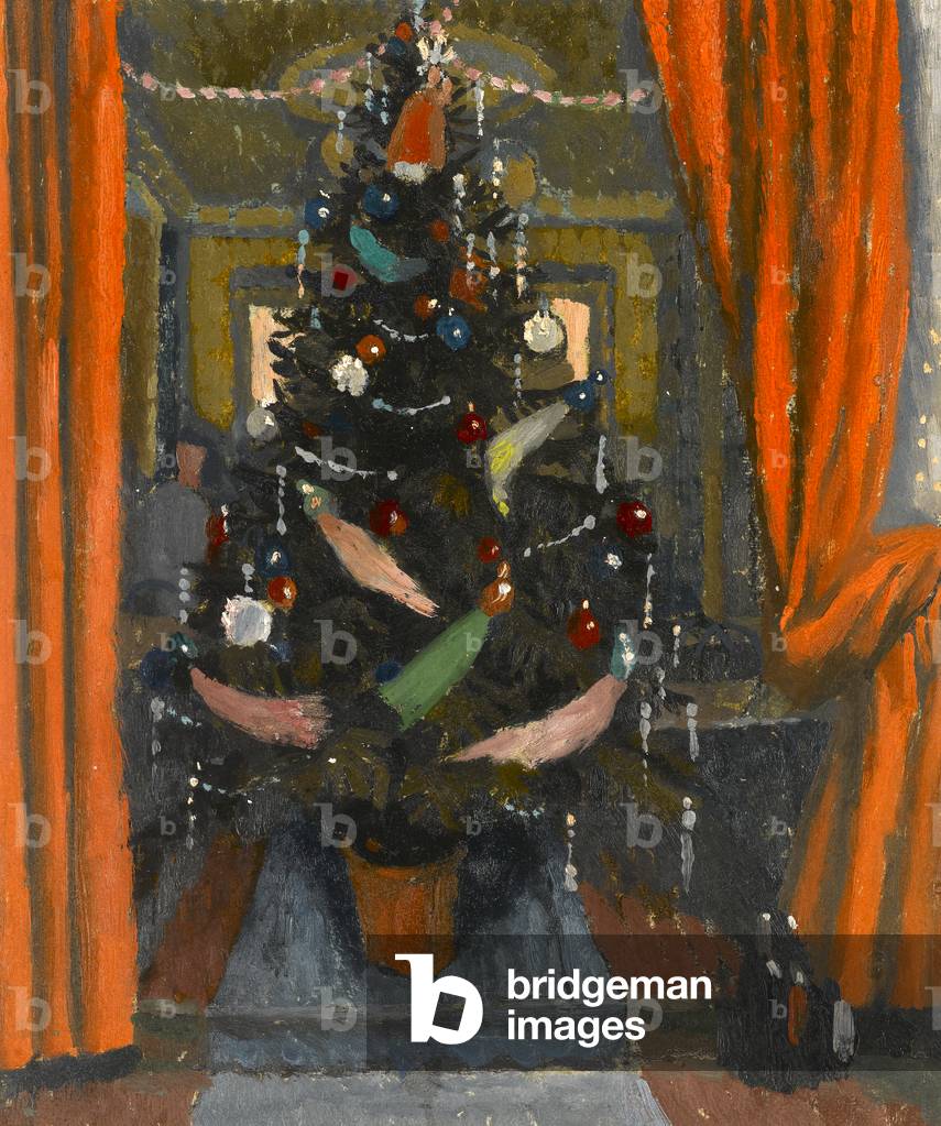 Christmas tree viewed through red curtains, c.1952 (oil over charcoal on paper)