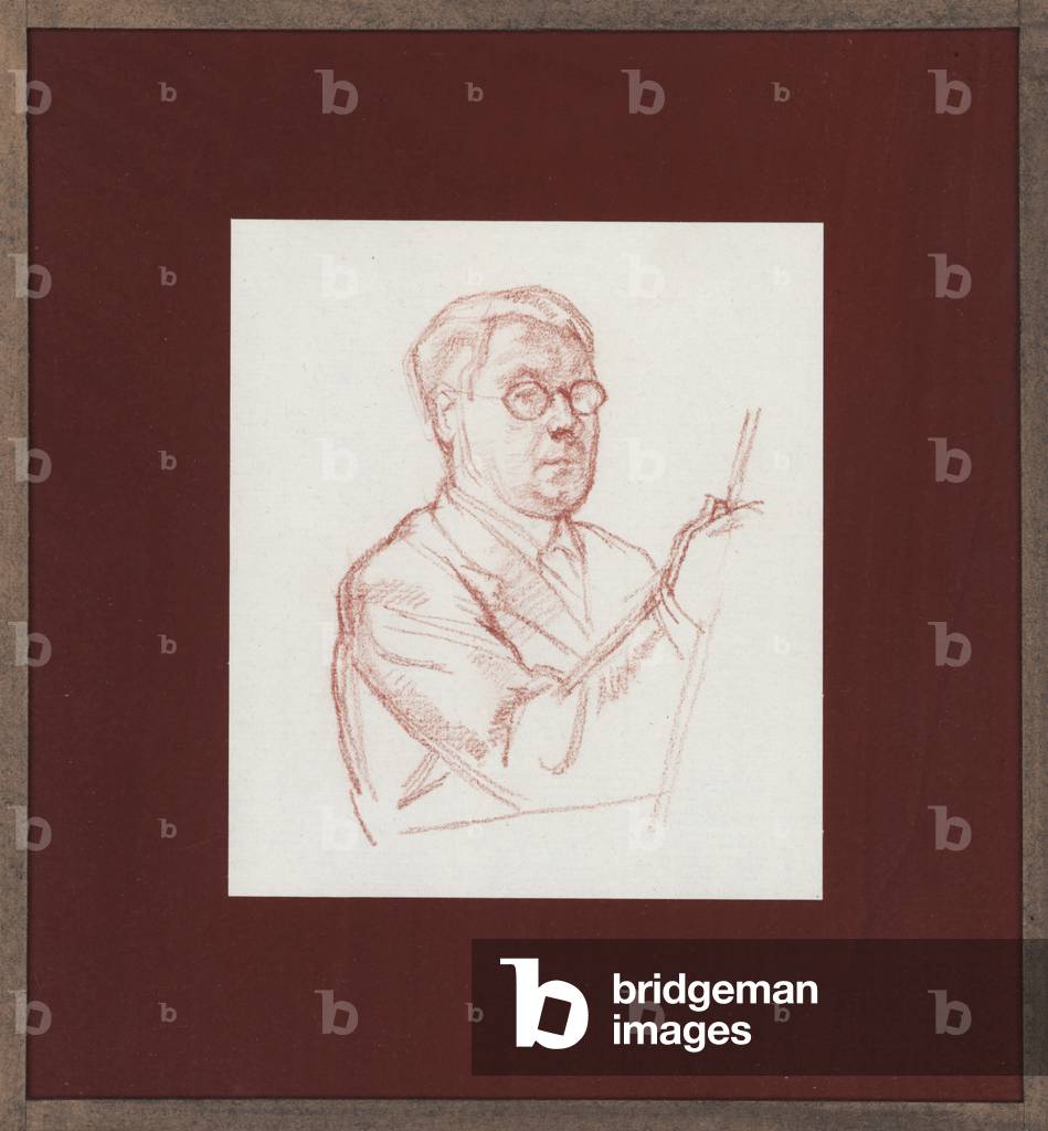 Self portrait, the artist at his easel, seated half length, c.1940 (red chalk on paper)