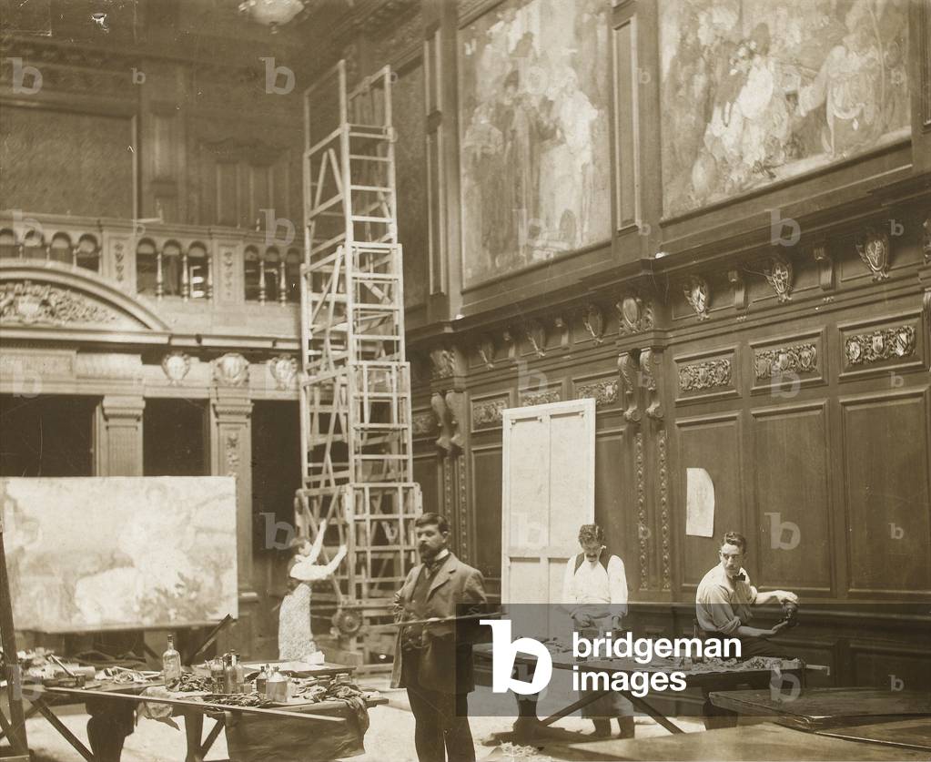 Brangwyn and his assistants putting the finishing touches to Skinner' Hall Murals, c.1909 (b/w photo)