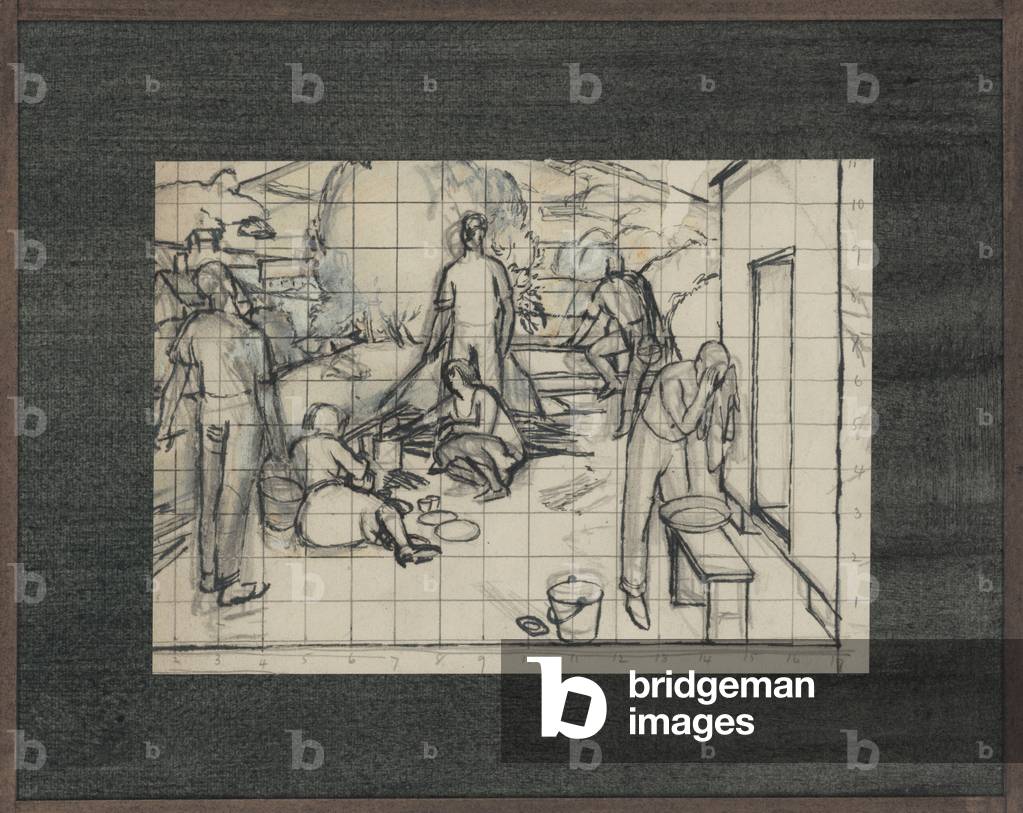 Composition with men and women washing and cooking, mid 1920s (pen & ink over pencil on paper)