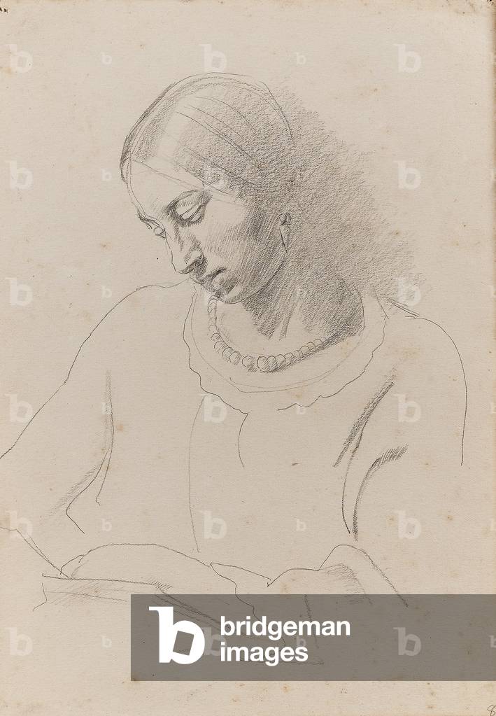 Portrait of Winifred Knights wearing a coral necklace, reading, c.1921 (pencil on paper)