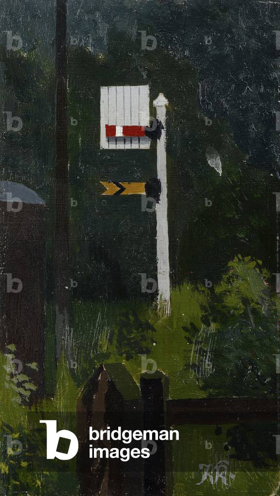Train Signal at Clare, Suffolk, c.1940 (oil on panel)