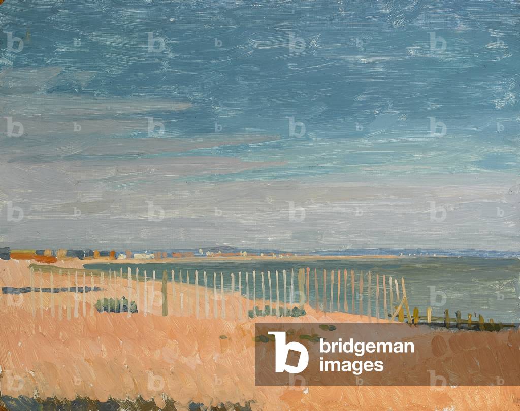 The beach at Pevensey, c.1958 (oil on canvas board)