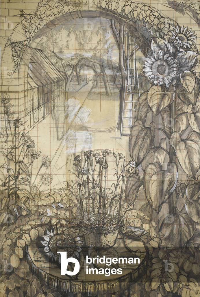 The original full size cartoon for 'The Garden', 1950 (chalk & pastel on paper, squared in red)