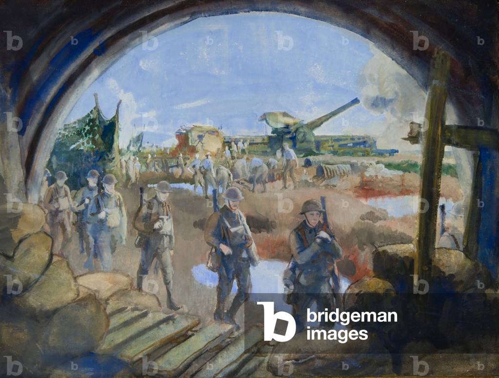 A Breech-loading 9.2 railway gun in action, France, c.1916 (gouache on paper laid on card)