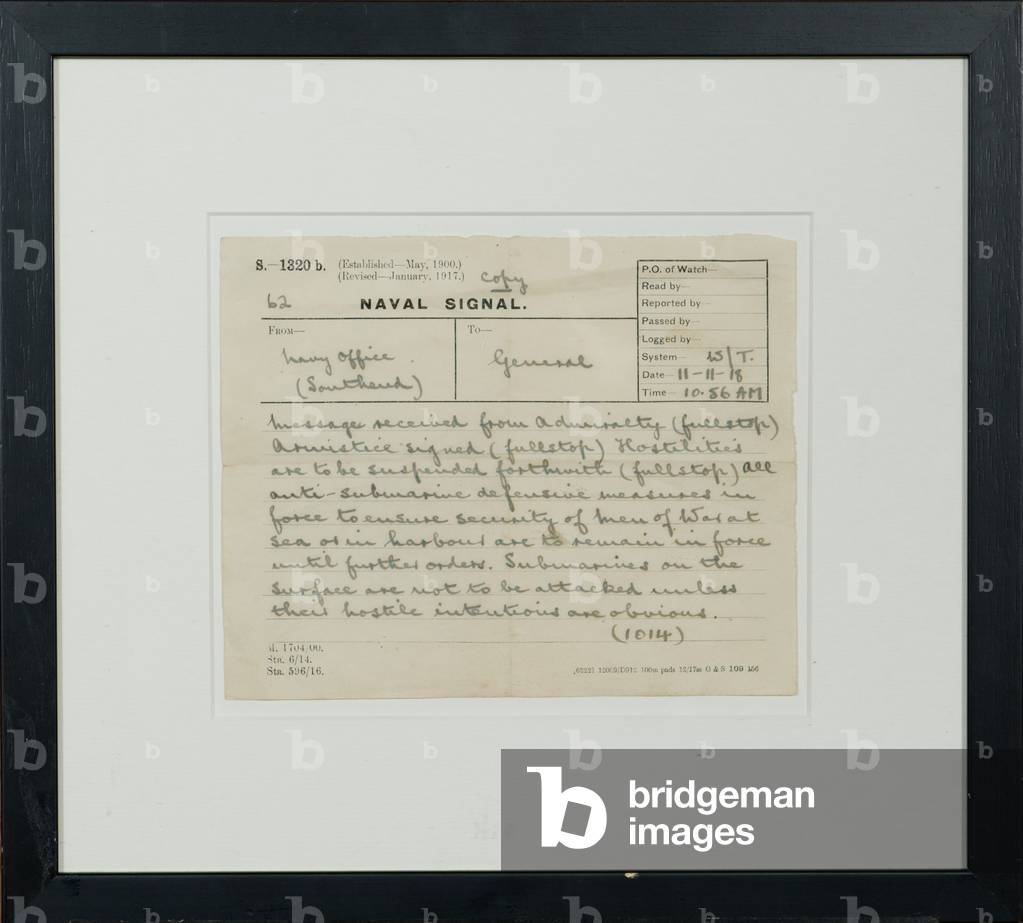 Copy of a Naval Signal Announcing the Armistice, 11th November 1918 (ink on paper)