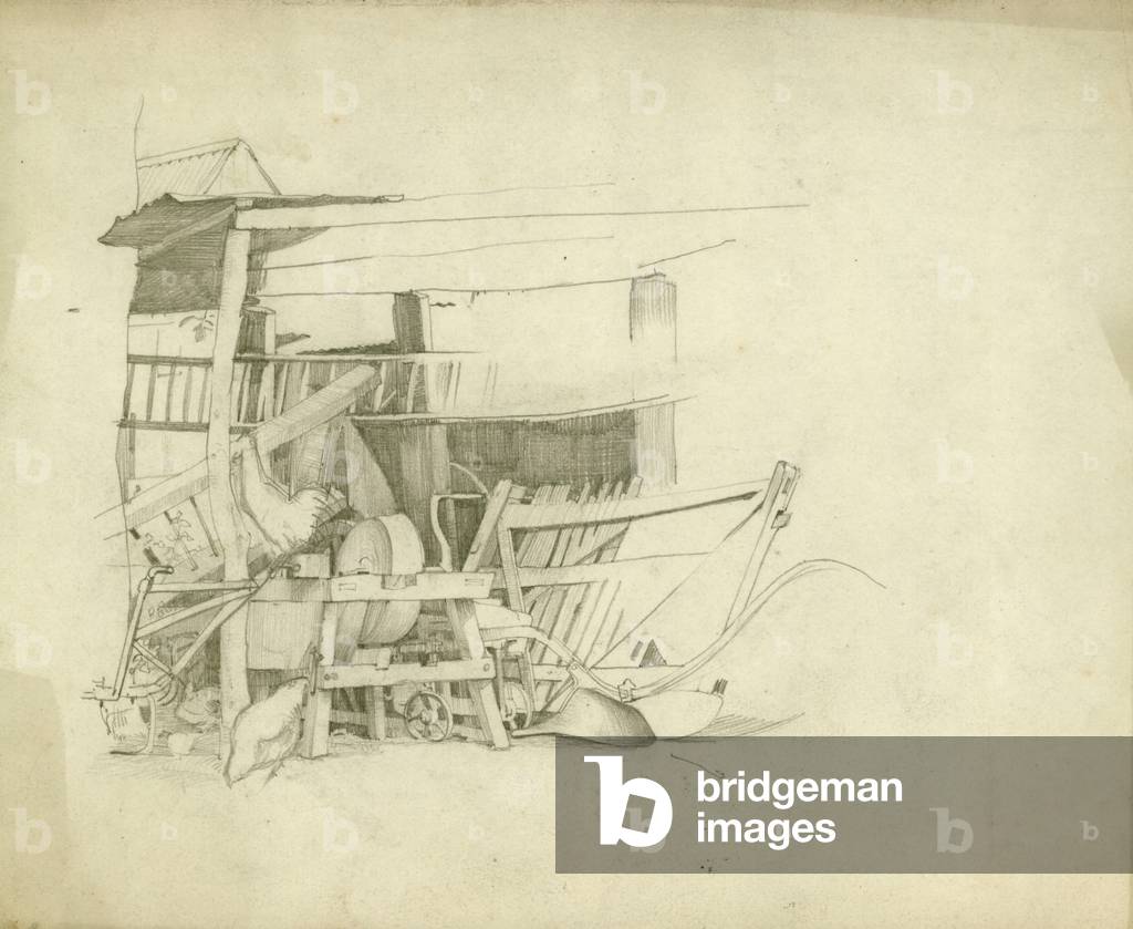 Lean to farm shed with knife grinder and chickens (pencil on paper)