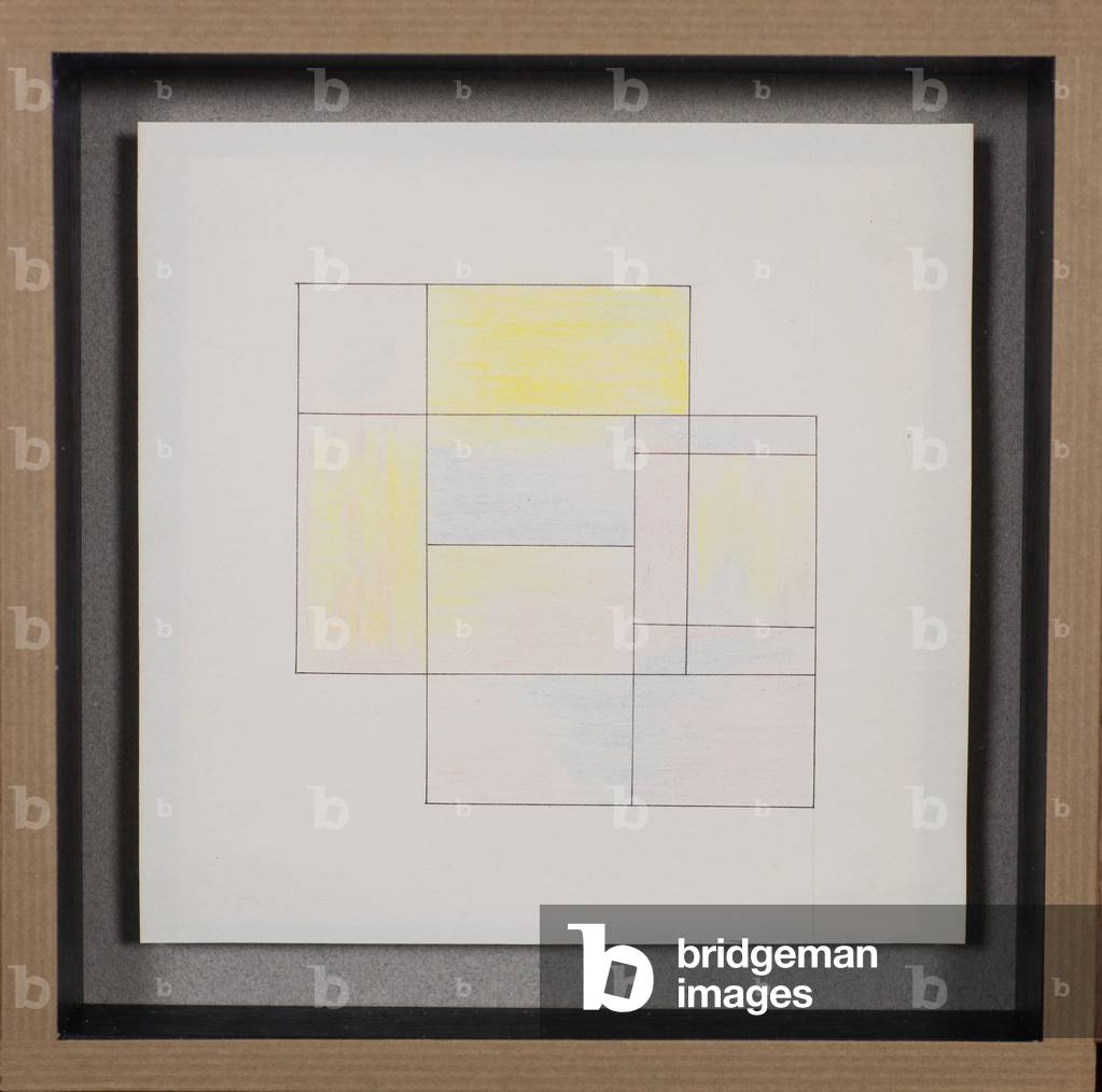 Two Intersecting Squares (pen & ink with red, yellow and blue crayon)