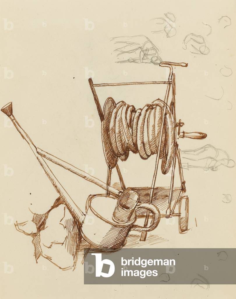 Watering Can and Hose Reel (pen & brown ink with pencil on paper)