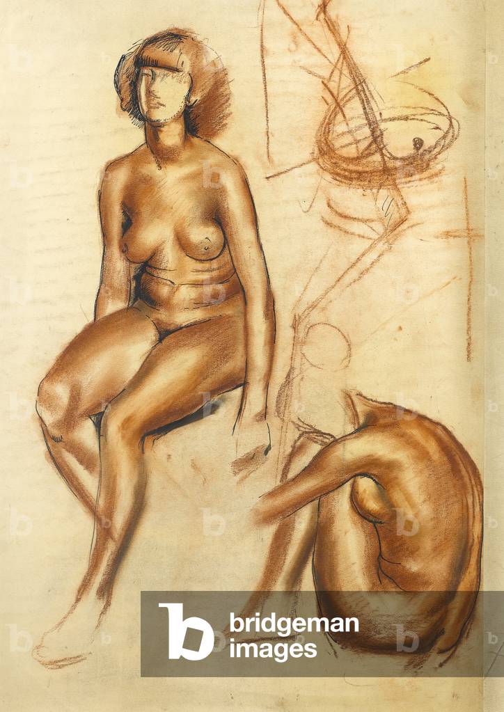 Life drawing - seated and crouching nude (pen & ink with red chalk on paper)