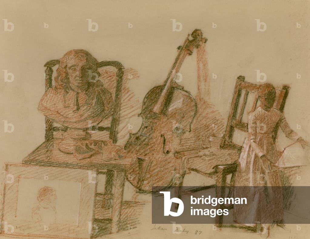 A corner of the artist's studio with bust, cello and lay figure, 1987 (coloured chalks on paper)