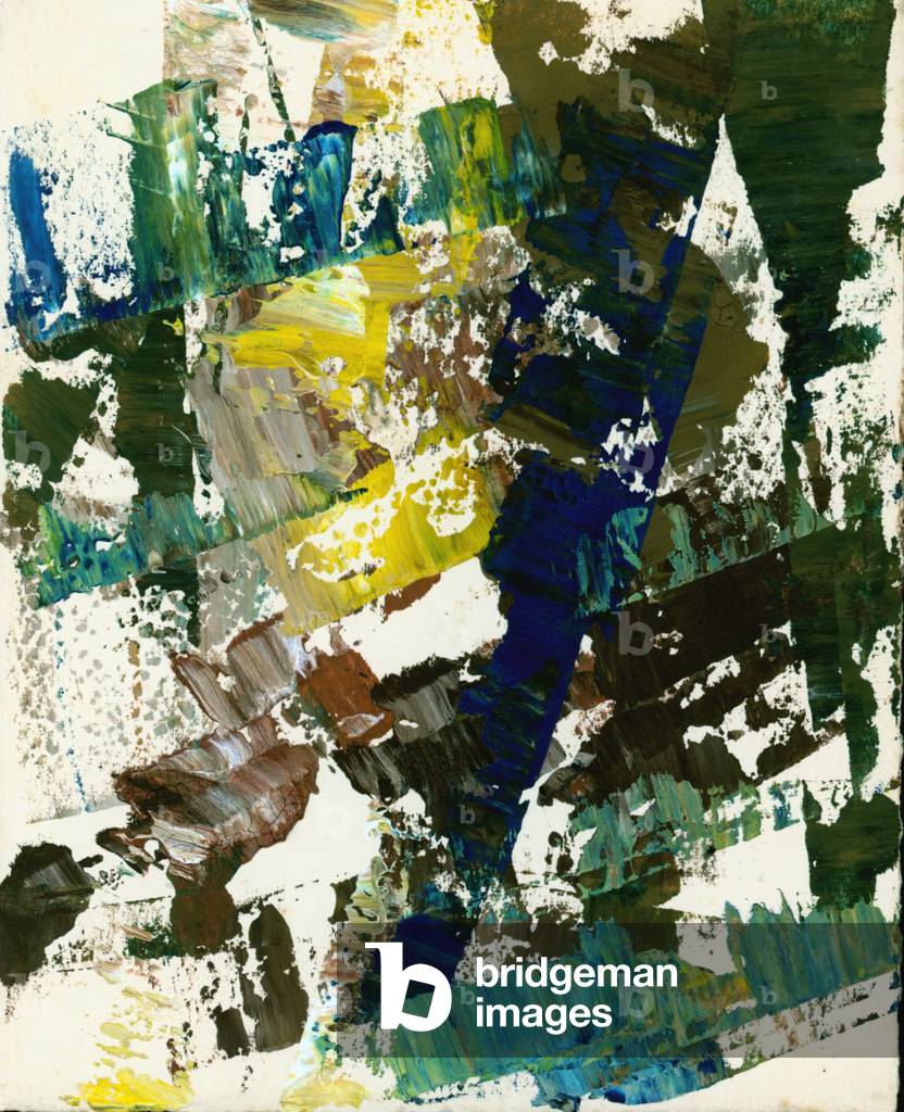 Abstract in blue, yellow and brown (oil on card)