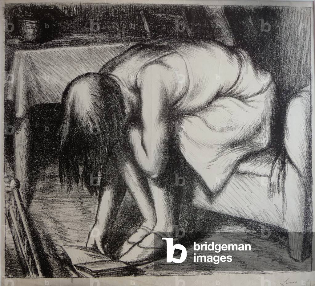 Seated woman reading a book at her feet, c.1939 (litho)