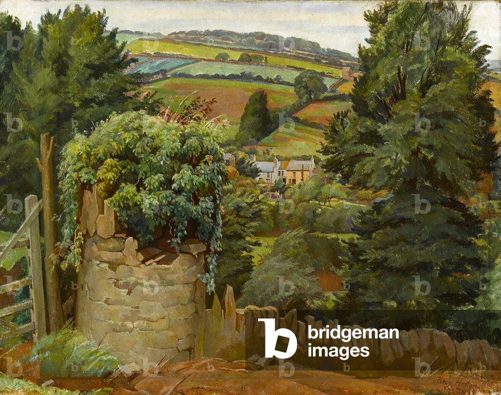 Pitched stone wall, ruined turret, cottage and fields, c.1925 (oil on canvas)