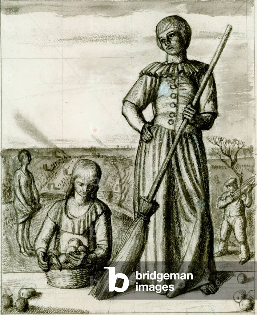 Girl with broom & figures picking fruit (ink & wash over pencil on paper)