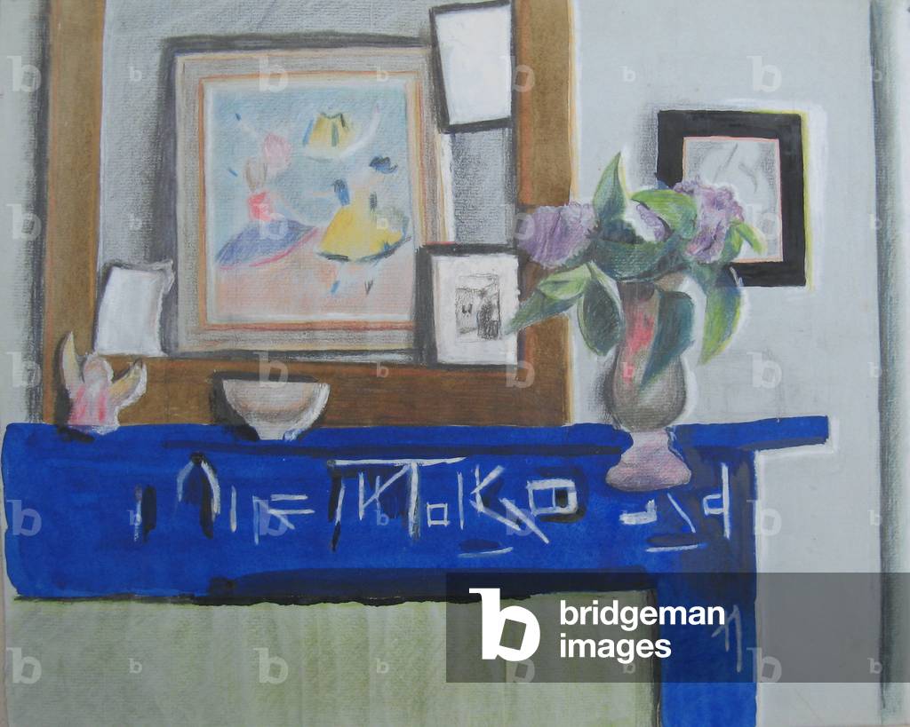 Still life of Blue Chimney with Flowers in a Vase (w/c & crayon on paper)