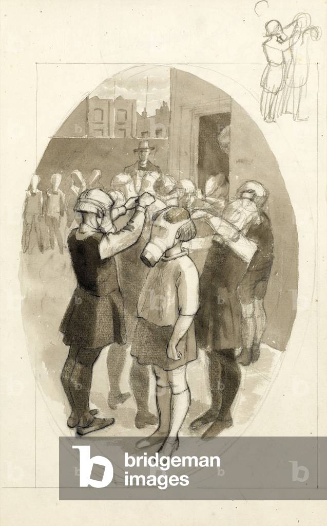 Gas Mask Drill, with sketch to top right, 1939 (pen & ink with wash over pencil on paper)