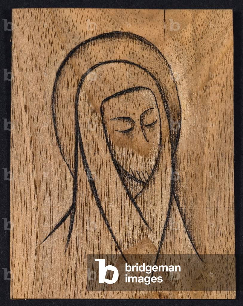 Mary (pen & ink on walnut veneer)