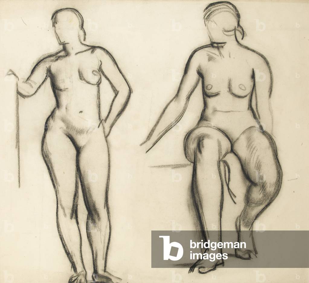 Two female nude studies, c.1930 (black chalk on paper)