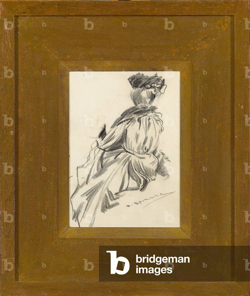 Lady seated, three quarter rear view (black chalk on paper)