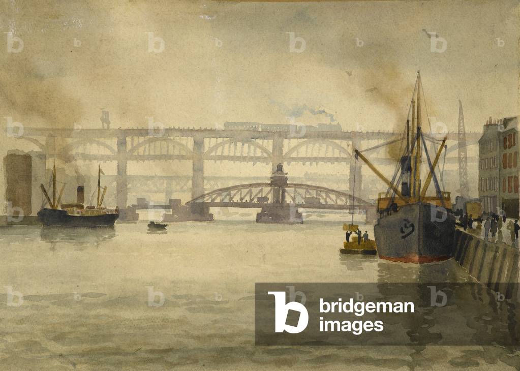 The Swing Bridge, The Tyne Bridge, and High Level Bridge, Newcastle-Upon-Tyne, late 1920's (w/c on paper)
