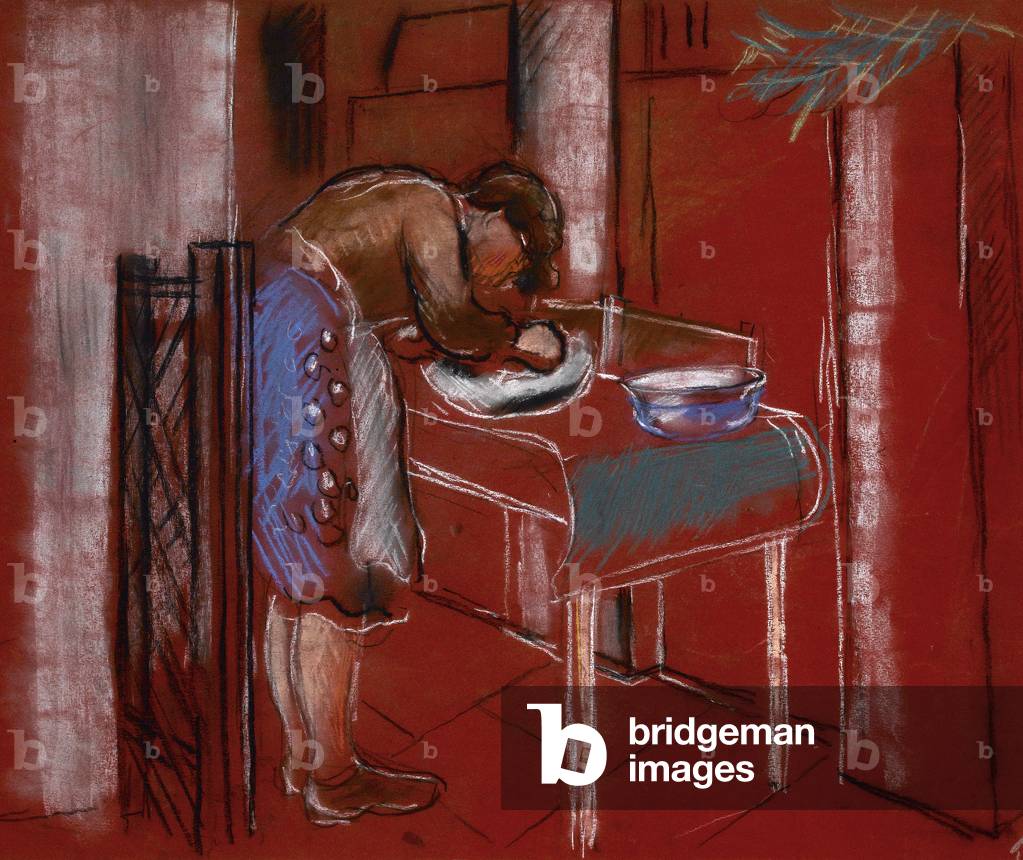 Interior with woman at dressing table (coloured chalks on red paper)
