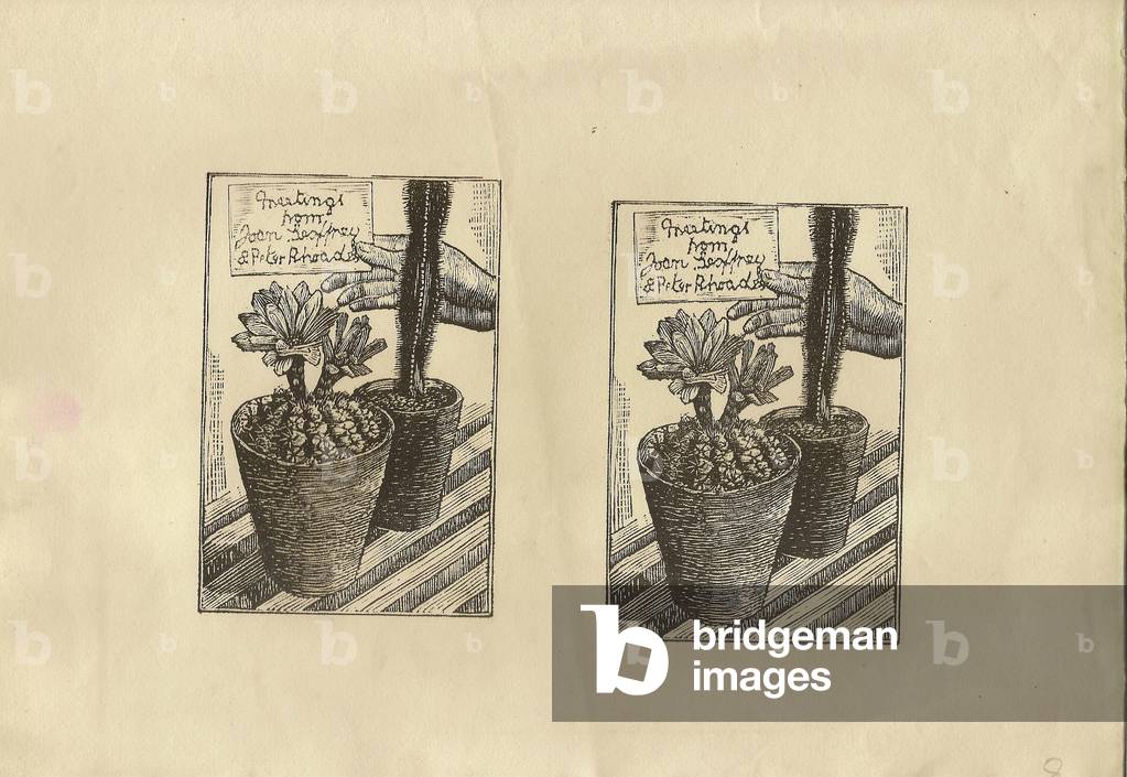 Greetings from Joan, Geoffrey & Peter Rhoades (woodcut)