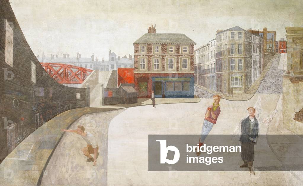 Boys playing cricket in an urban setting (water based paint on panel)