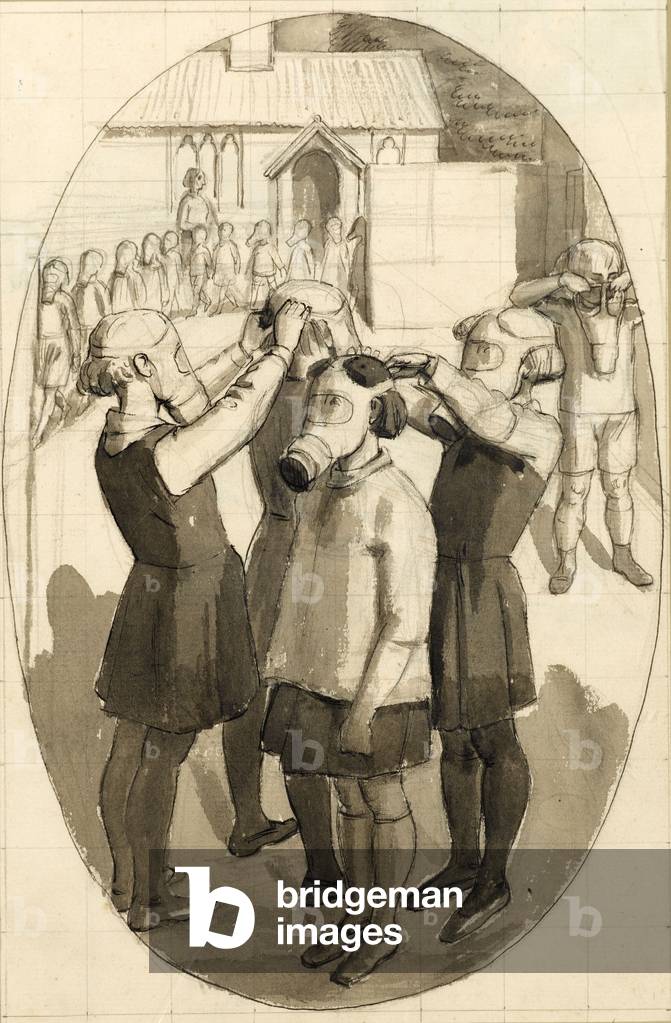 Gas Mask Drill, squared oval, 1939 (pen & ink with wash over pencil on paper)