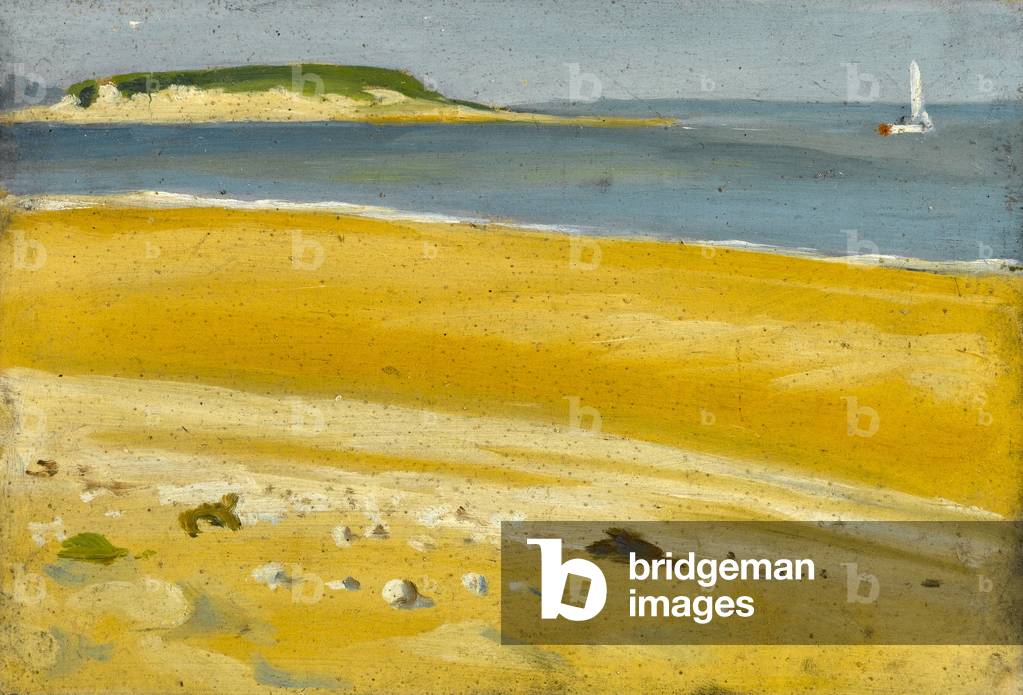 View on the Beach, Island and White Sailing Boat, September 1926 (oil on panel) 