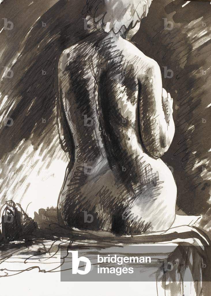 Seated Female nude, rear view, 1944 (pen & ink on paper)