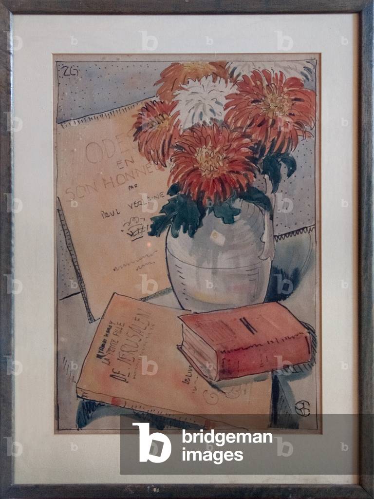 Still life with chrysanthemums and Verlaine, c.1920 (pen & ink with w/c on paper)