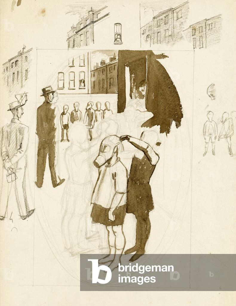 Street scene with children wearing gas masks, c.1940 (brown wash with pencil on paper)