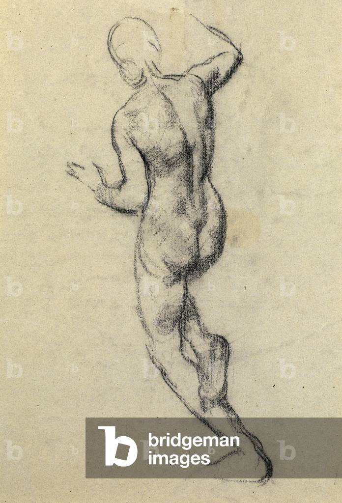 Nude seen from behind, leaning on her left leg, right leg and right arm raised (pencil on paper) 