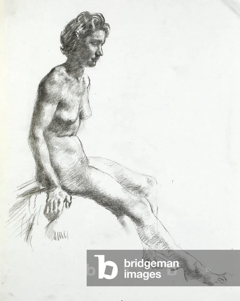Study of a seated nude, profile view, right leg stretched (pencil on paper) 