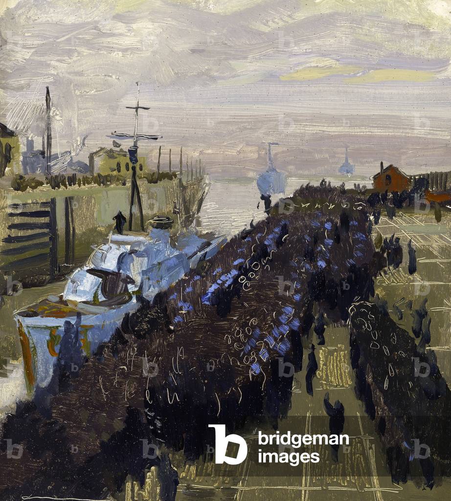 Study for ‘Arrival of Second Escort Group of Sloops at Liverpool’, 1944 (oil on paper with scratching out)