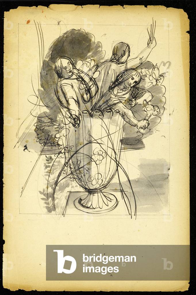 Three people in a vase (pen & ink with wash on paper)