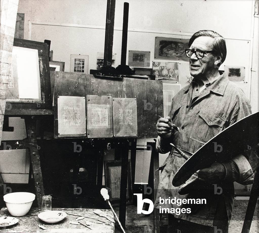 Photo of Monnington in his studio at Leyswood, c.1967 (b/w photo)