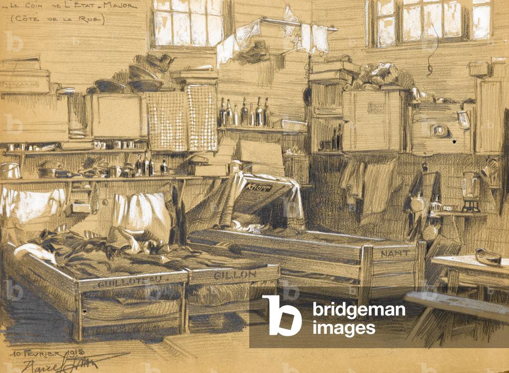 Le Coin de L'Etat Major, Côté de la Rue, 1915 (pencil with white highlights on brown paper)