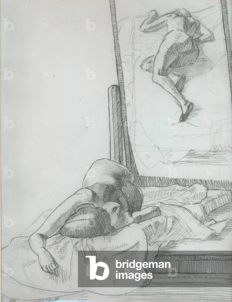 Woman sleeping with reflection in mirror (pencil on paper)