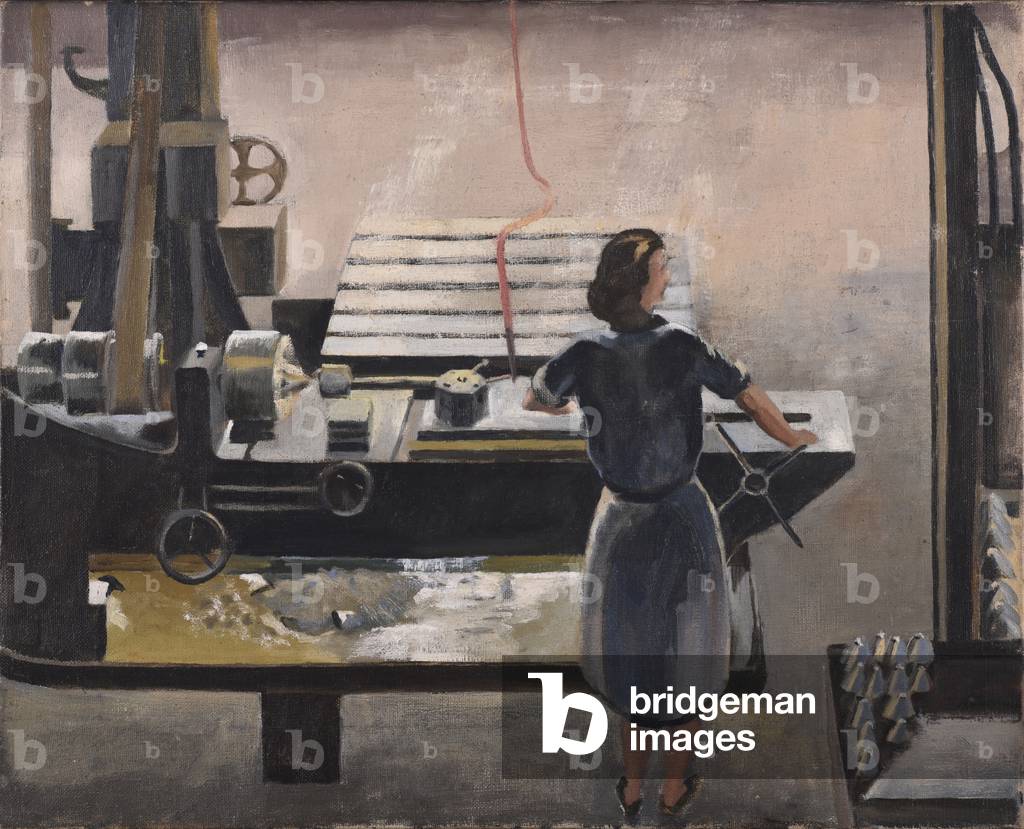 Woman operating a lathe turning the fuse tips of munitions, c.1944 (oil on canvas)